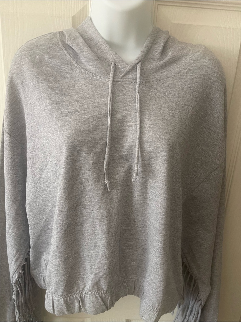 Women's Light Gray Fringe Hoodie - Casual Pullover - Picture 8 of 8